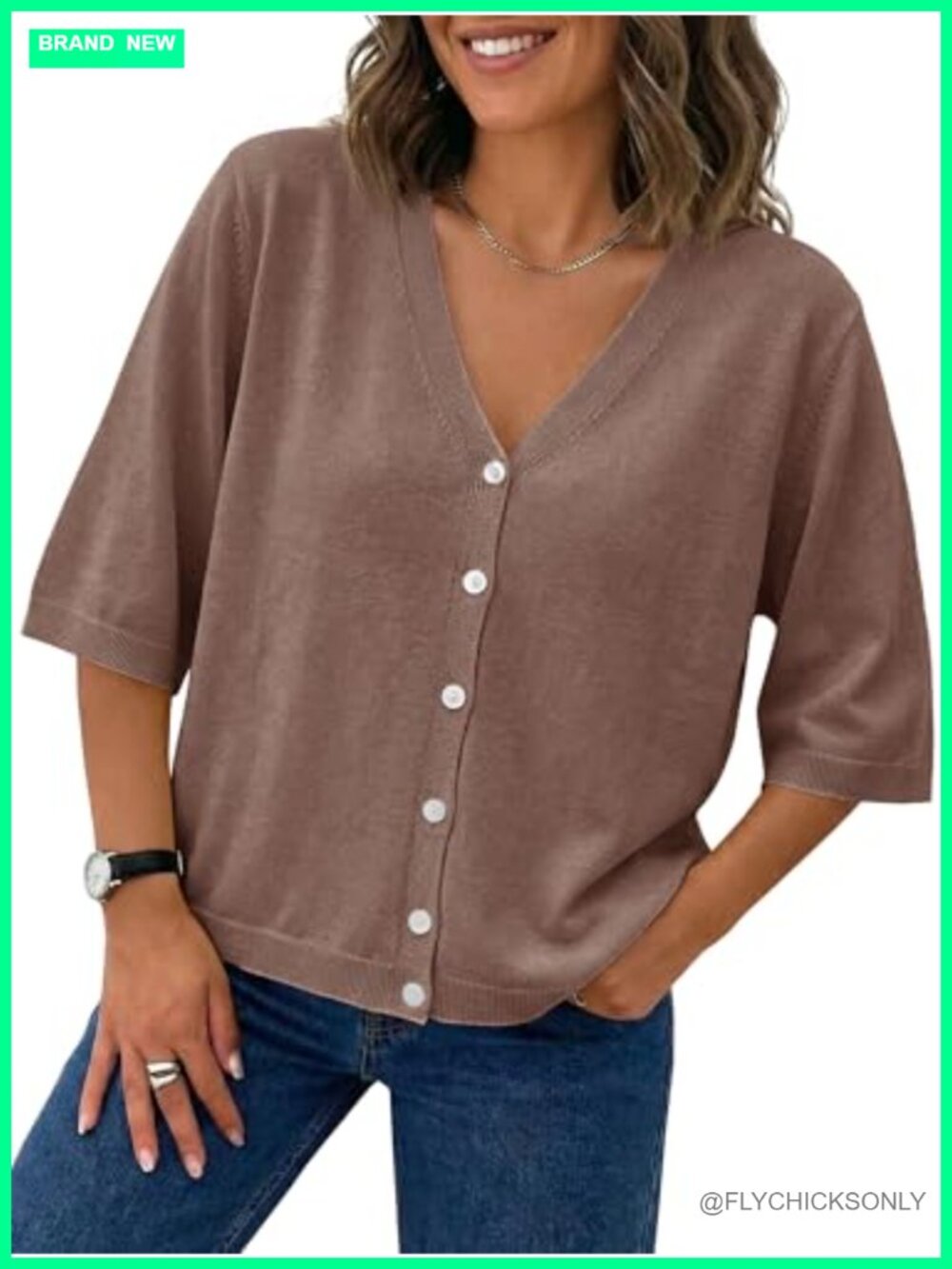 Lightweight V Neck Button Down Cardigan, Half Short Sleeve Knit